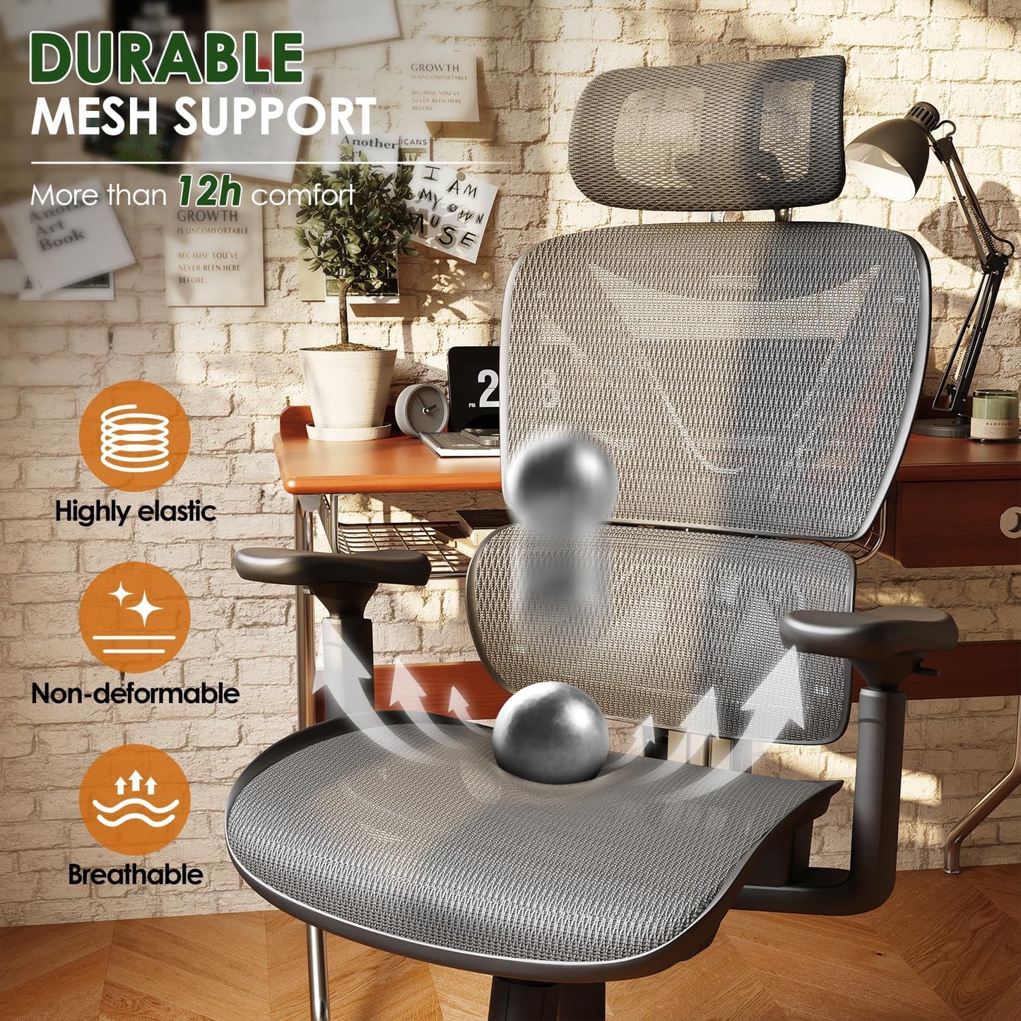 GABRYLLY Ergonomic Office Chair, Big and Tall Mesh Chair with Lumbar Support, 3D Armrest - 215° Rotation, Adjustable Headrest & Soft Seat, Durable Desk Chair 350LBS for Work Gaming Computer,Grey