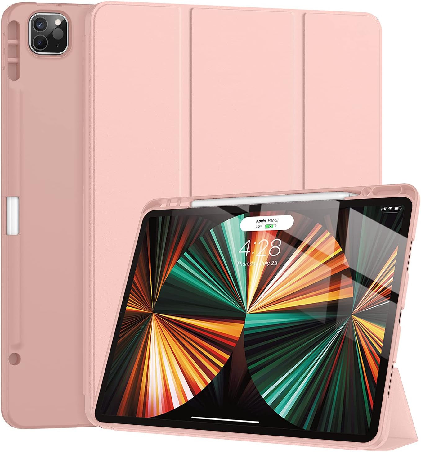 Ipad Pro 12.9 Case 2021/2022 5Th/6Th Generation with Pencil Holder,Slim Lightweight Trifold Stand Case【Pencil Charging+Auto Sleep/Wake】 Soft TPU Back Cover for Ipad Pro 12.9-Apricot Blossom