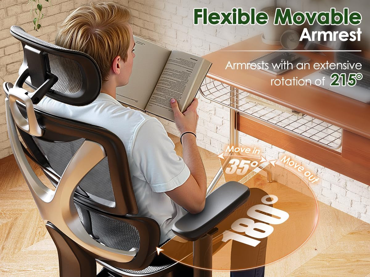 GABRYLLY Ergonomic Office Chair, Big and Tall Mesh Chair with Lumbar Support, 3D Armrest - 215° Rotation, Adjustable Headrest & Soft Seat, Durable Desk Chair 350LBS for Work Gaming Computer,Grey
