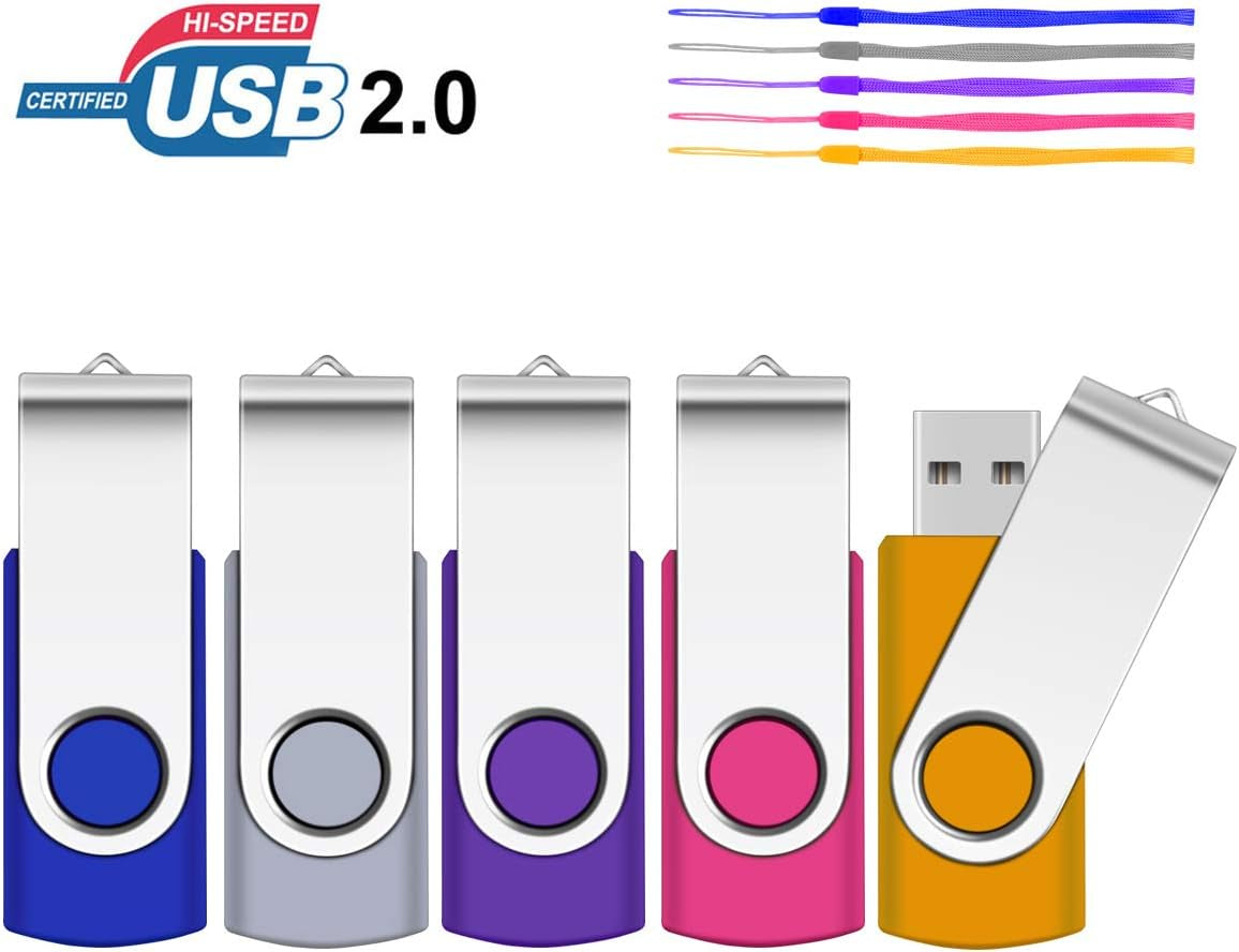 8GB Flash Drive, SRVR Thumb Drives 5 Pack, 8 Gig USB Drive with Lanyards Metal Swivel 8GB USB Memory Stick Pen Drive with LED Indicator(5 Mixed Color)