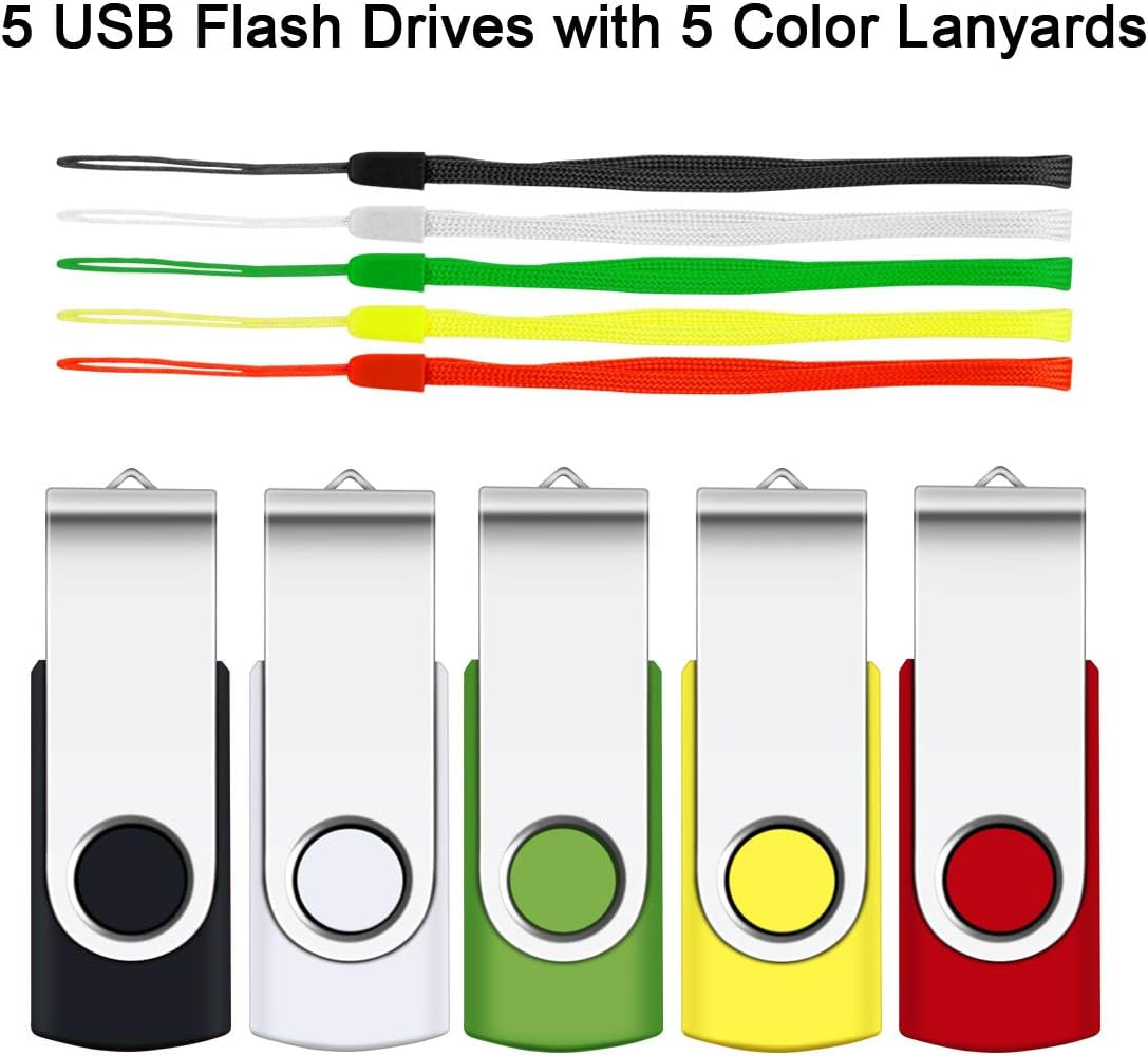 8GB Flash Drive, SRVR Thumb Drives 5 Pack, 8 Gig USB Drive with Lanyards Metal Swivel 8GB USB Memory Stick Pen Drive with LED Indicator(5 Mixed Color)
