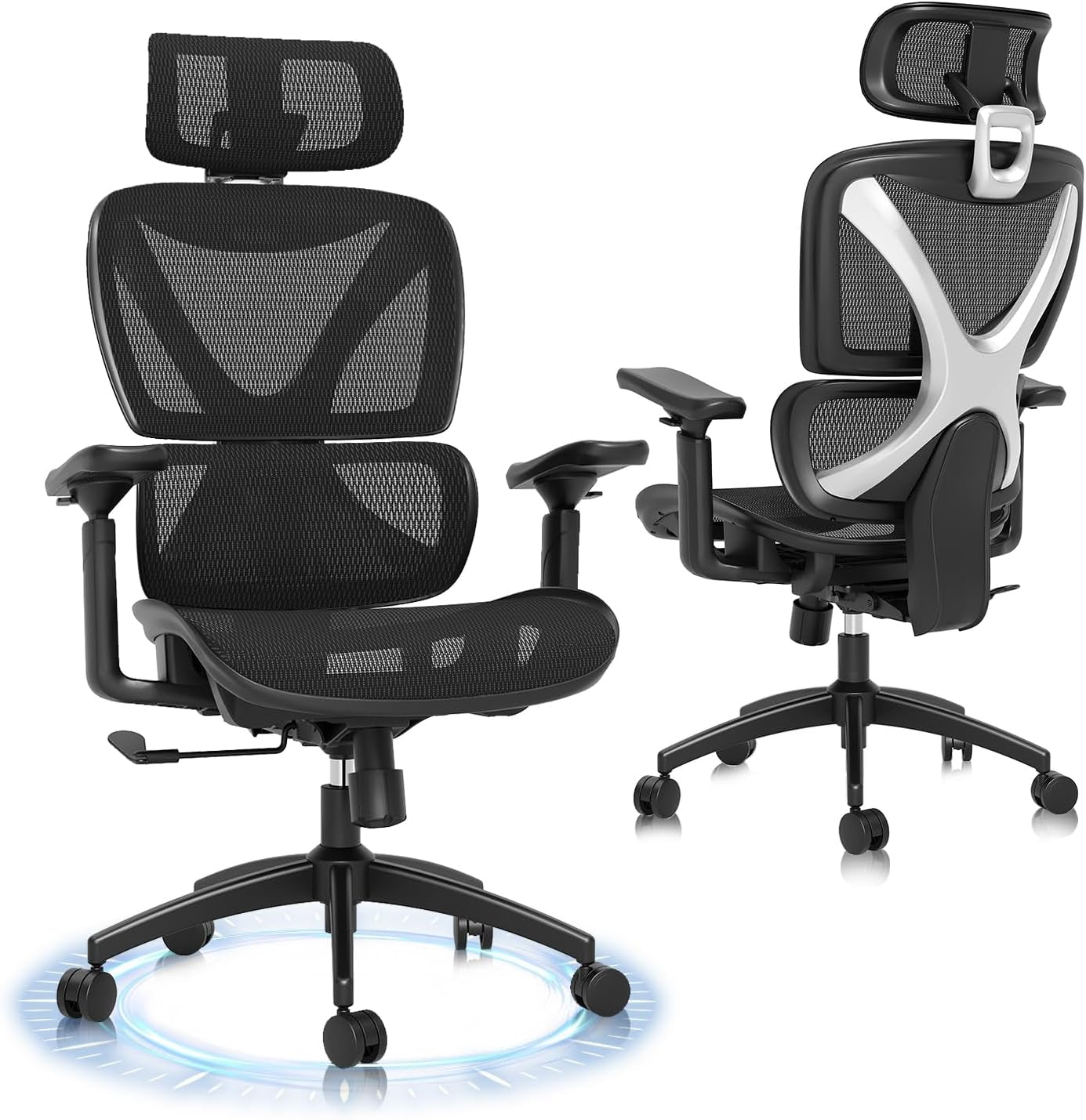GABRYLLY Ergonomic Office Chair, Big and Tall Mesh Chair with Lumbar Support, 3D Armrest - 215° Rotation, Adjustable Headrest & Soft Seat, Durable Desk Chair 350LBS for Work Gaming Computer,Grey