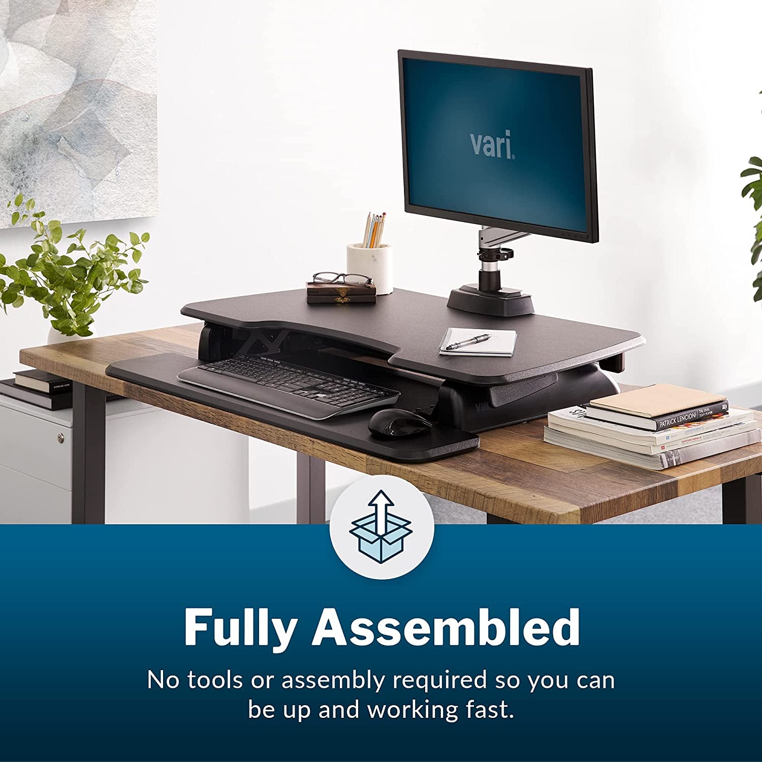 Vari - Varidesk Essential 36 - Two-Tier Standing Desk Converter for Monitor & Accessories - Height Adjustable Sit Stand Desk - Fully Assembled Monitor Riser for Home Office - 36" Wide, Black