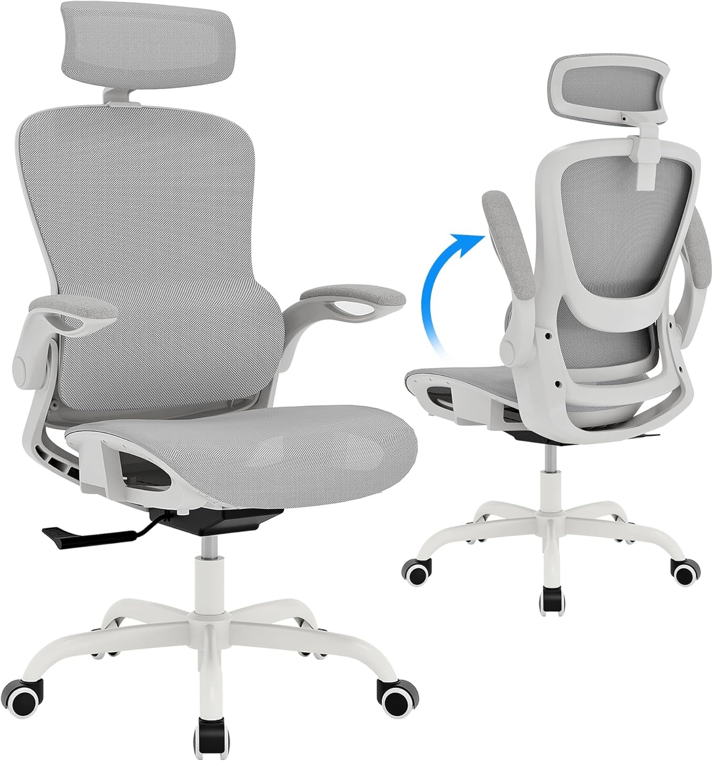 GABRYLLY Ergonomic Mesh Office Chair, Adjustable Home Desk Chair with Folding Armrest, 2D Headrest, Soft Seat and PU Wheel, Black Swivel Task Chair for Office, Business, Student (GY1108)
