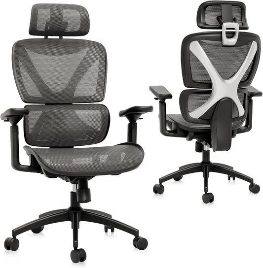 GABRYLLY Ergonomic Office Chair, Big and Tall Mesh Chair with Lumbar Support, 3D Armrest - 215° Rotation, Adjustable Headrest & Soft Seat, Durable Desk Chair 350LBS for Work Gaming Computer,Grey