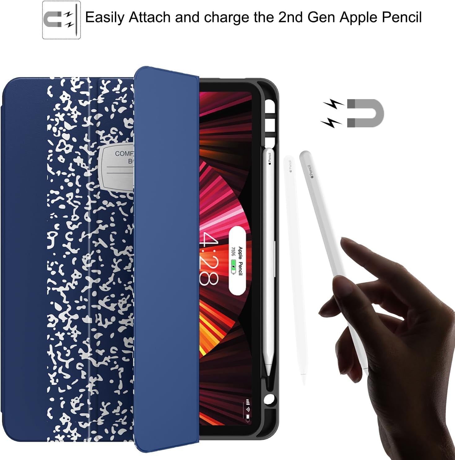 Soke for Ipad Pro 11 Case (M2) 2022/2021/2020 with Pencil Holder - [Full Body Protection + Apple Pencil Charging + Auto Wake/Sleep], Soft TPU Back Cover for 2022 Ipad Pro 11 Inch(B-Book Navy)