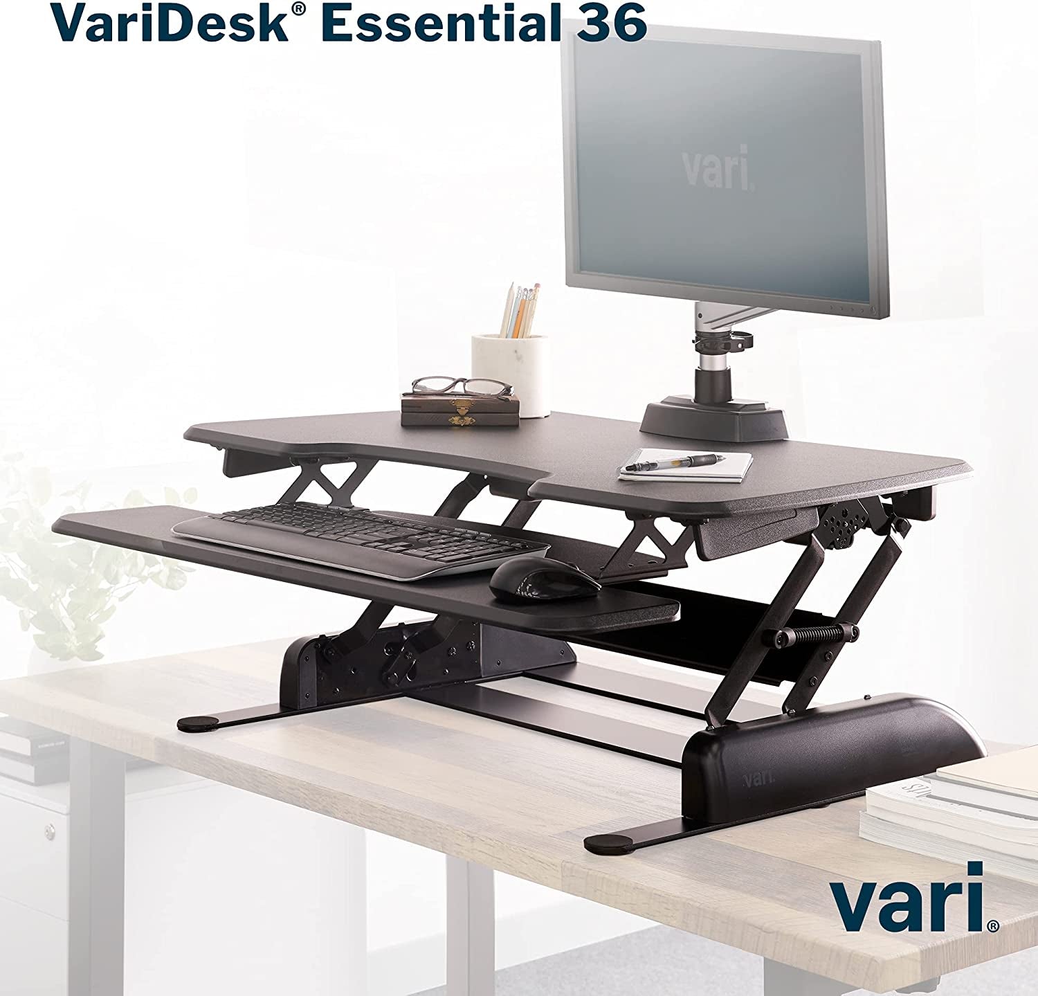 Vari - Varidesk Essential 36 - Two-Tier Standing Desk Converter for Monitor & Accessories - Height Adjustable Sit Stand Desk - Fully Assembled Monitor Riser for Home Office - 36" Wide, Black